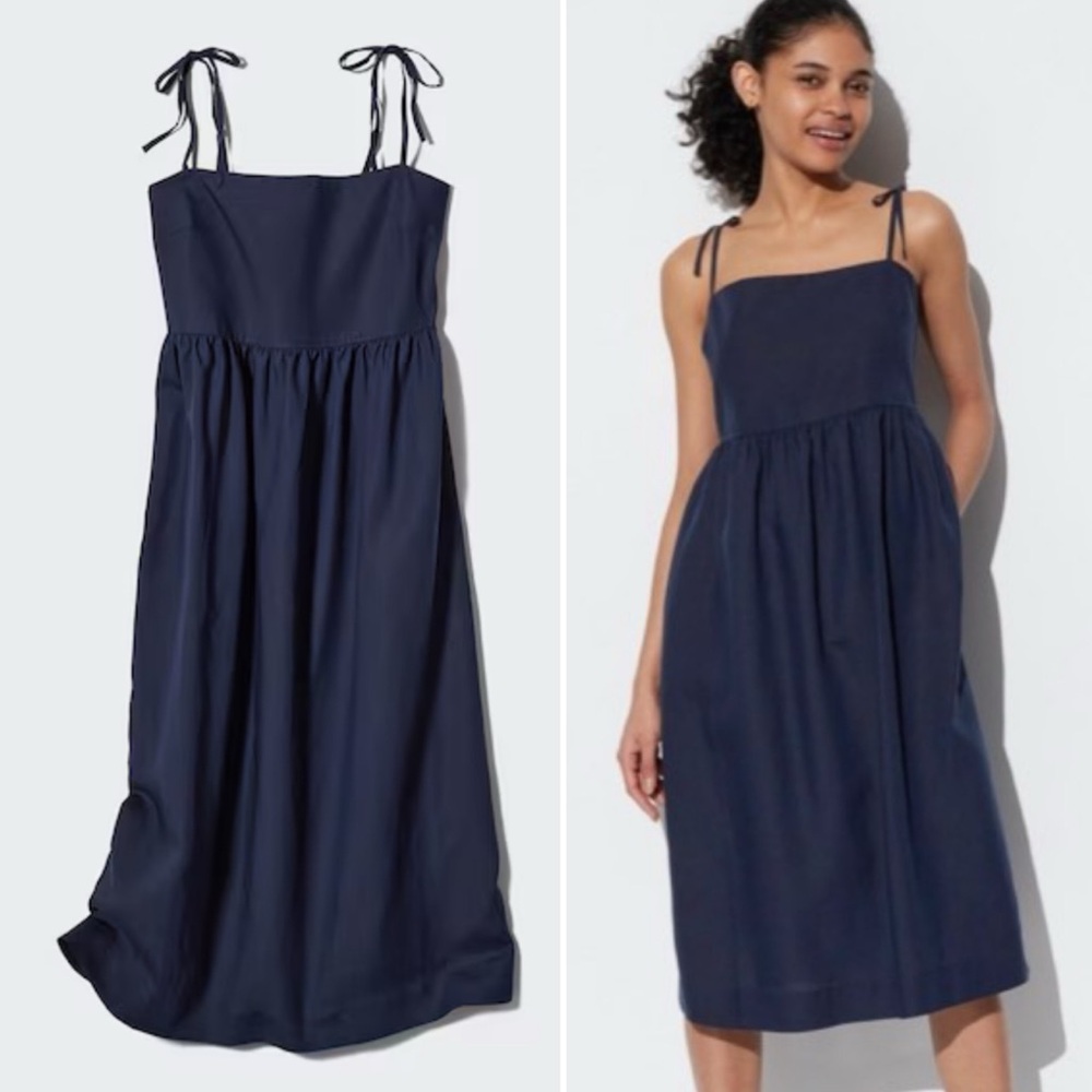 UNIQLO ✨ spaghetti strap tie mid maxi navy blue dress pockets | sz Medium